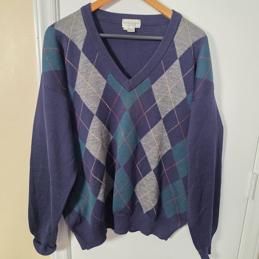 Vintage Tricots St Raphael Wool V Neck Sweater Men Size Large Blue Argyle Preppy
